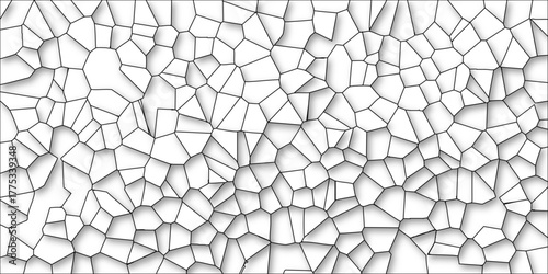 White background with a dense pattern of irregular geometric shapes outlined in black with subtle drop shadows creating a textured effect