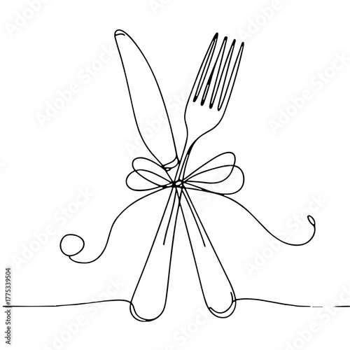 The fork and knife are crossed, with a bow at the junction christmas dinnerware minimal vector