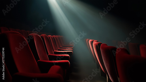 An eye-catching editorial-style photo glowing emptiness: red velvet seats in a luminous, abandoned cinema theatre.
