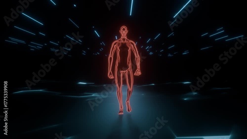 Neon Digital Human Figure Walking in Futuristic Cyber World in Seamless Loop.