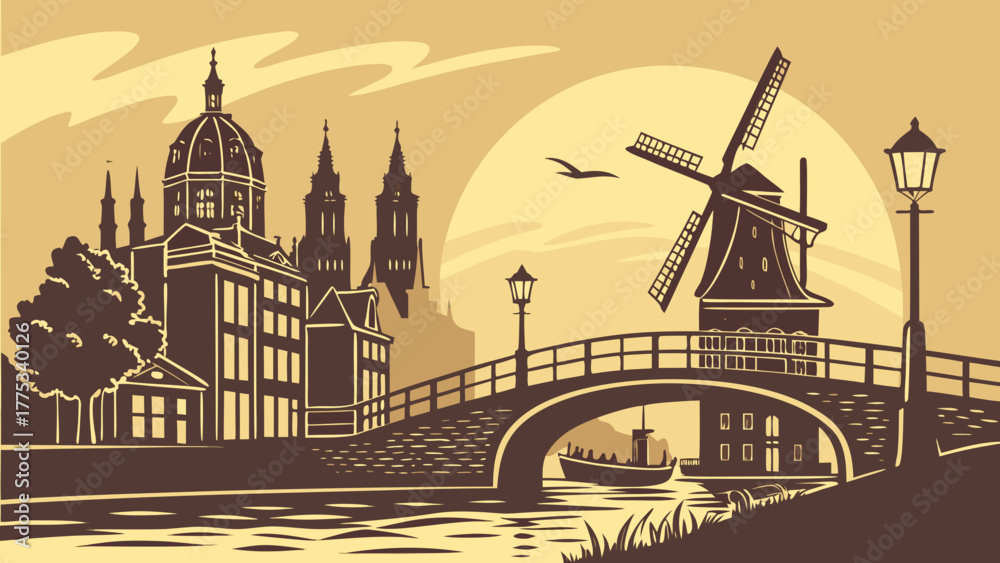 Naklejka premium Amsterdams skyline with a windmill, bridge, and boats showcases its iconic beauty. Perfect for travel websites, city guides, and tourism brochures.