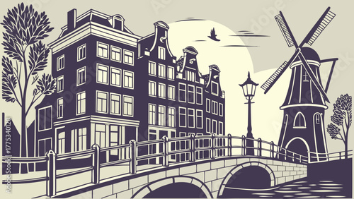 Amsterdam cityscape with windmill silhouette painting, captures traditional dutch beauty. Suitable for travel brochures, city guides, and artwork prints.