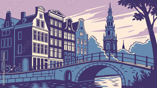 Amsterdam city skyline showcases tall buildings, bridges, and towers along the beautiful canals, capturing the essence of dutch architecture.