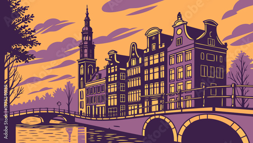 Amsterdam city skyline with picturesque houses, bridges, and canals. Ideal for travel guides, cityscape articles, netherlands tourism promotions.