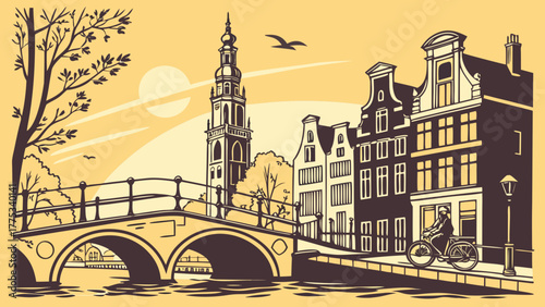 Amsterdam city skyline showcases historic buildings, canal bridges, and cyclists, capturing the beauty of holland against the iconic amsterdam backdrop. 
