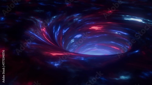 Abstract cosmic vortex with swirling red and blue glowing energy, creating a dynamic tunnel effect. Ideal for science fiction, technology, or mystical backgrounds.