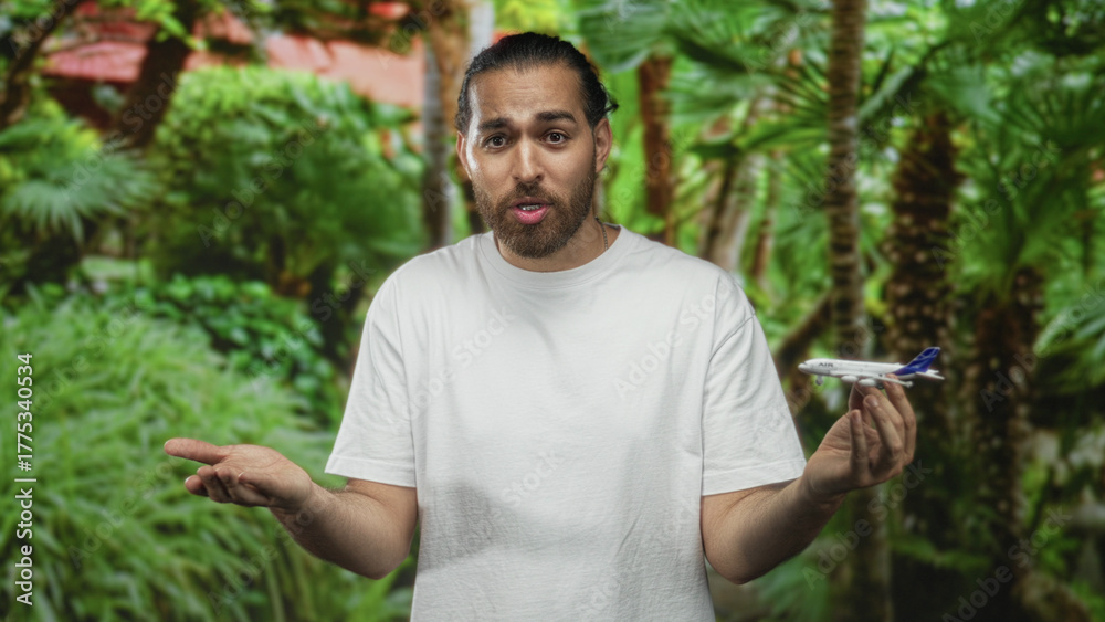 Fototapeta premium Man wearing white t shirt holds a toy airplane model in his right hand and shrugs palms up in green forest; uncertainty travel choices.
