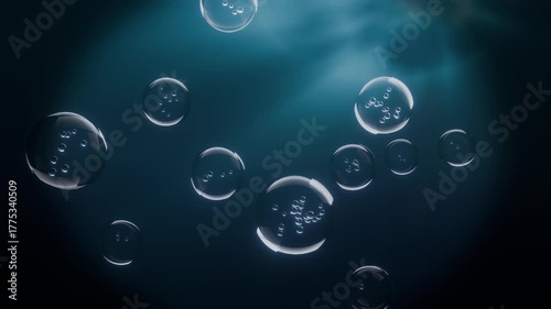 Abstract dark blue background with various sizes of transparent bubbles floating, reflecting light and creating an ethereal, clean, and scientific atmosphere. Ideal for backgrounds, science, or liquid