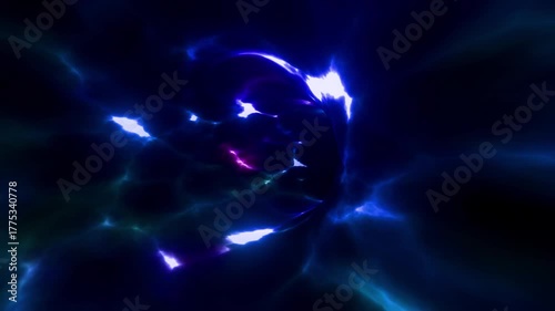 Dynamic abstract background featuring a futuristic energy tunnel or wormhole with vibrant blue and pink neon light streaks in seamless loop.