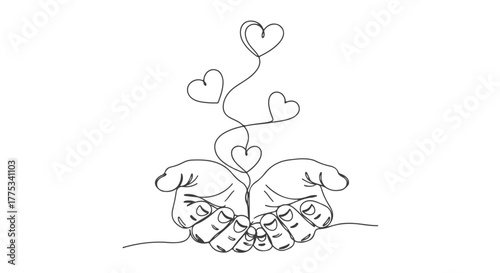 Continuous line art of open hands holding floating hearts, a minimalist one line drawing of love and care