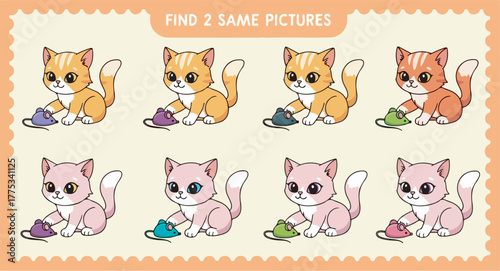 Educational puzzle game for children featuring cute cartoon kittens Find 2 Same Pictures