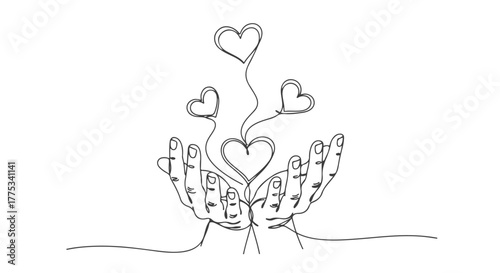 A fluid one continuous line drawing captures the essence of giving and receiving love, with hands gently supporting multiple upward-flowing hearts, symbolizing profound human connection and care