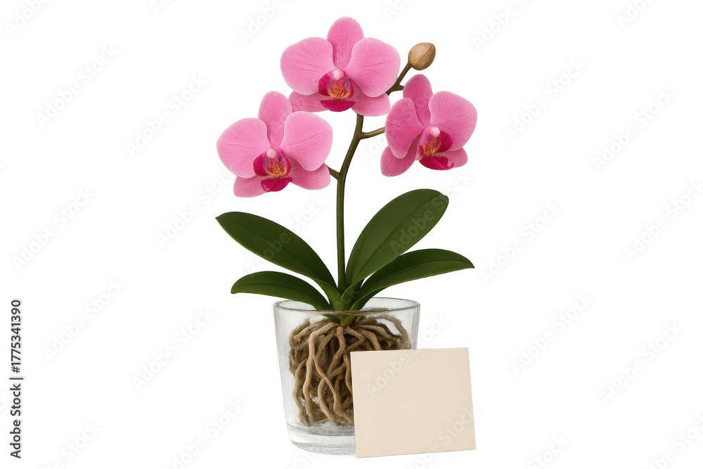 Naklejka premium Pink orchid plant with visible roots in glass pot, blank card for message, gift or decoration, transparent background