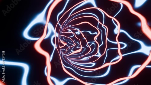 Abstract Futuristic Neon Light Tunnel Background with Dynamic Glowing Blue and Orange Lines in Seamless Loop.