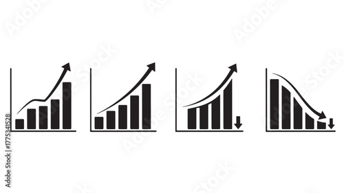 Four black bar graphs showing growth and decline on transparent background silhouette