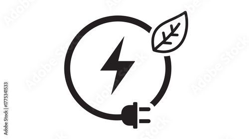 Eco friendly power symbol with leaf and lightning bolt silhouette on transparent background
