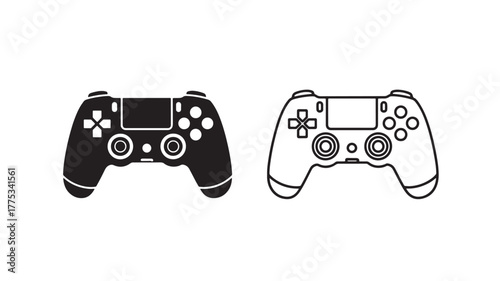Two playstation controllers one solid black and one outline on transparent background silhouette