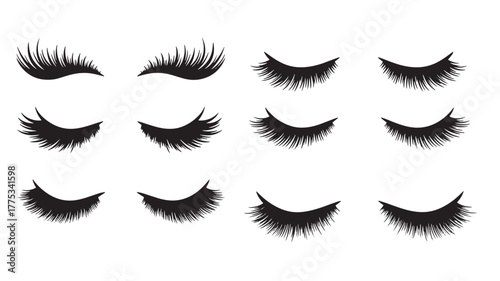 Variety of black eyelash extensions different styles on transparent background silhouette