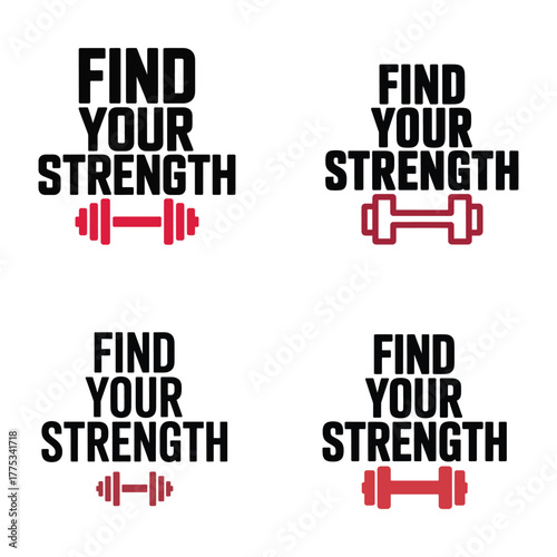 Find Your Strength text with dumbbell graphics in red and black Keywords: find your strength