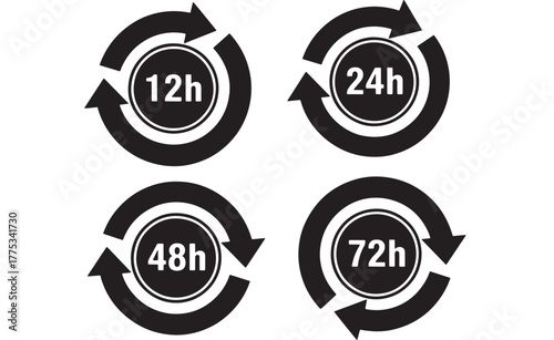 Clock icons displaying twelve twenty four forty eight and seventy two hours on transparent background