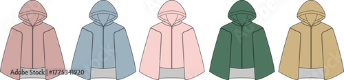 Stylish collection of hooded ponchos and capes in a vibrant spectrum of colors, illustrating modern and comfortable outerwear fashion for diverse apparel choices