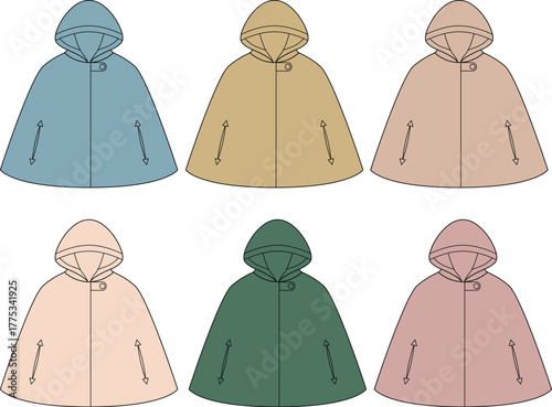 Vector illustration set of a hooded cape or cloak, flat technical fashion sketch template in multiple colors for apparel design