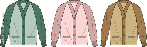 Cozy and classic raglan sleeve cardigan sweater design template. Vector illustration set showing three color variations for casual fashion apparel