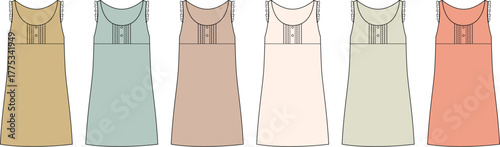 Fashion design technical flat sketch template of a sleeveless A-line slip dress or chemise shown in a variety of pastel colorways