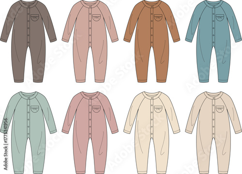 Baby romper fashion flat sketch set. Vector illustration template of infant sleepsuits in multiple colorways for apparel design and mockups