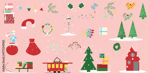 Set of Christmas vector elements including gifts, trees, wreaths, mittens, garlands, and decorations. Perfect for holiday design, packaging, and seasonal projects