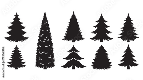 Collection of black pine trees in various shapes on transparent background silhouette