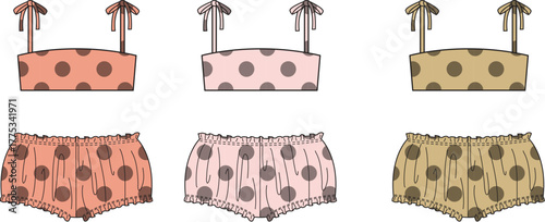 A fashion technical flat sketch of a women's polka dot lingerie set, featuring a camisole top with shoulder ties and ruffled shorts in three different color variations