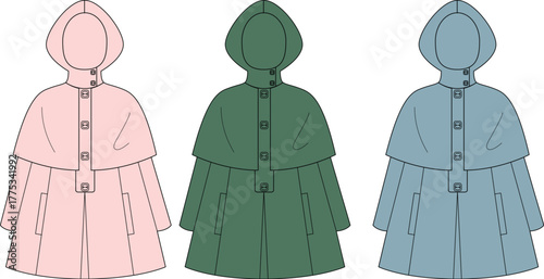 Set of three hooded coats in pastel pink, green, and blue color variations