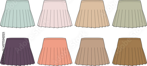 Flat fashion design illustrations of multiple colored pleated mini skirts. Ideal for women's apparel mockups, clothing projects, and diverse textile design presentations
