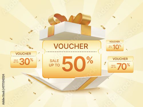 3D golden gift box with discount vouchers offering up to 50% off, surrounded by confetti. 3d vector illustration. Vector illustration