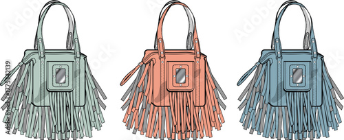 Collection of three stylish fringe handbags in pastel colors, showcasing modern fashion accessories for women