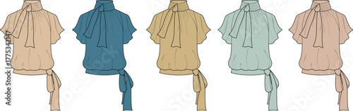 A collection of five women's tops in various shades of blue, beige, and teal, featuring a tie-neck design and short sleeves