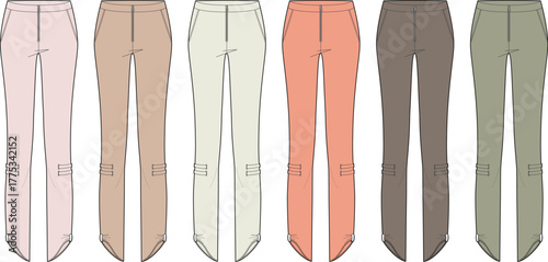 Set of women's skinny stirrup pants with knee patch detail. Technical fashion flat sketch vector illustration in multiple colorways for apparel design