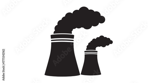 Industrial factory smokestacks emitting pollution a dark silhouette on transparent background