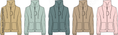 Collection of diverse colored zip-up hoodies with front pockets, ideal for fashion design templates or comfortable everyday apparel showcasing various popular color palettes