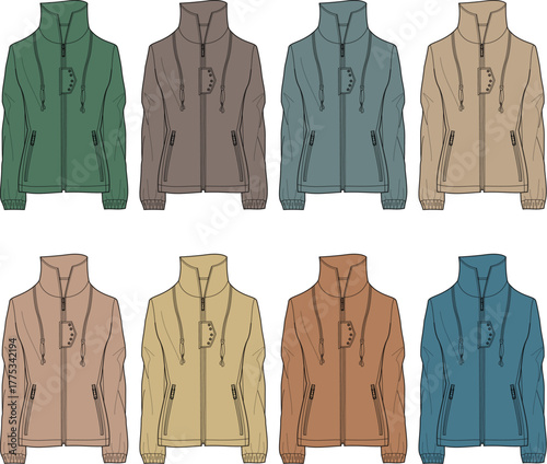 Collection of technical flat sketches for a women's sports jacket. Fashion design concept vector illustration and apparel template in multiple colors