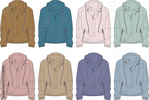 Collection of eight light-colored hooded jackets arranged in two rows for fashion design presentation