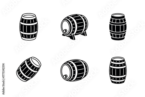 A collection of six wooden barrels shown from different angles and perspectives.
