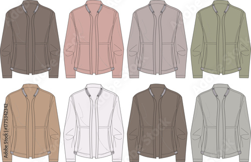 An illustrative lineup of modern zip-up jackets, showcasing a versatile range of neutral and pastel color options for contemporary casual wear and fashion design concepts