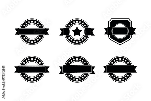 A collection of six vintage-style badges with ribbons and stars.