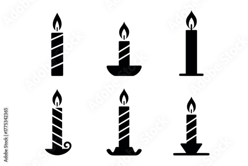 Set of six stylized black candles with flames against a white background.