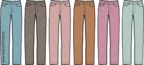 A stylish collection of seven colorful casual pants designs, showcasing a variety of fashionable trousers in different hues, perfect for everyday wear and versatile style