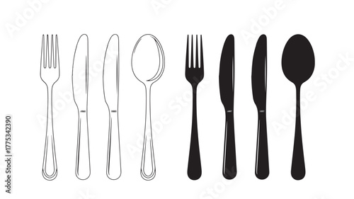 Assorted cutlery set including forks knives and spoons on transparent background silhouette