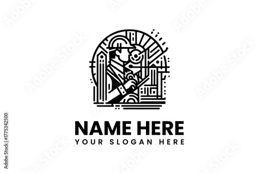 Minimalist line art logo template of an engineer or architect with a blueprint, set against a background of industrial gears and city architecture