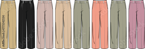 Elegant collection of women's straight-leg trousers, showcasing a diverse palette of colors for versatile fashion and design purposes. Ideal for garment industry illustrations or fashion catalogs